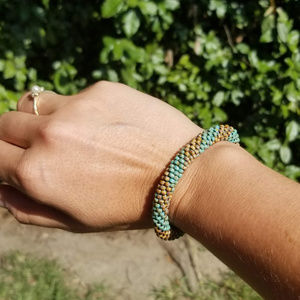 Tan & Teal Beaded Crochet Bracelet